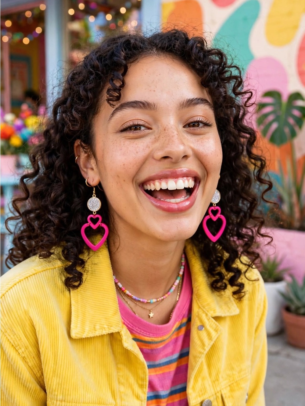 Gold Hoop Earrings with Hot Pink Heart Drops and Silver Glitter Discs - Picture 6 of 6